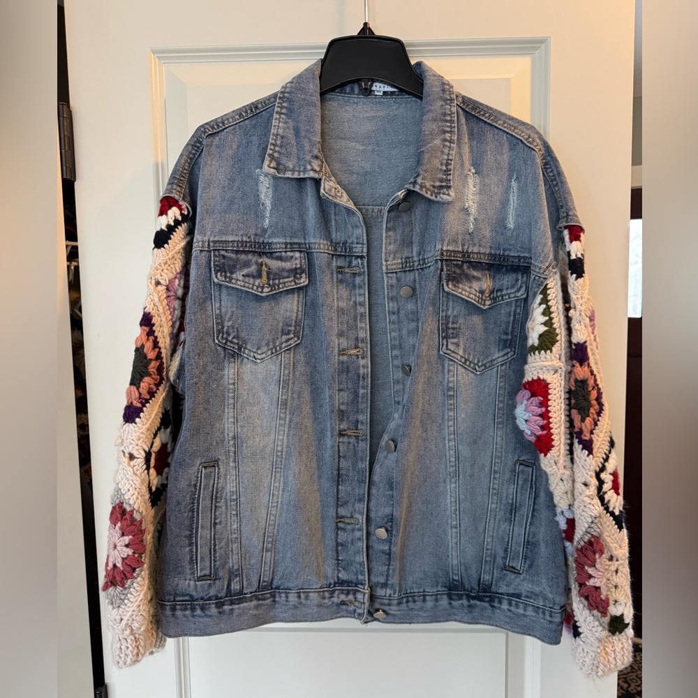 Distressed Denim Jacket with Crochet Sleeves